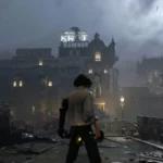 Hình ảnh nhân vật chính trong game Lies of P đứng giữa sân hoang tàn, một phần thành phố đổ nát phía xa.