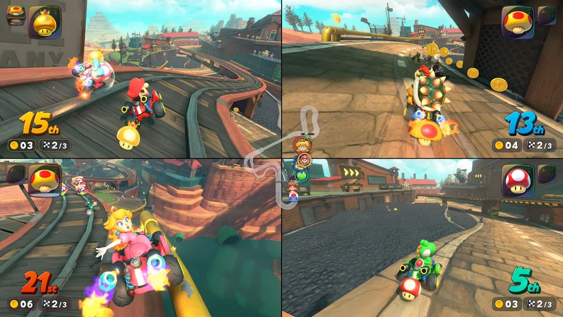 Hình ảnh nhân vật Mario đang chuẩn bị vượt qua vạch đích trong Mario Kart World