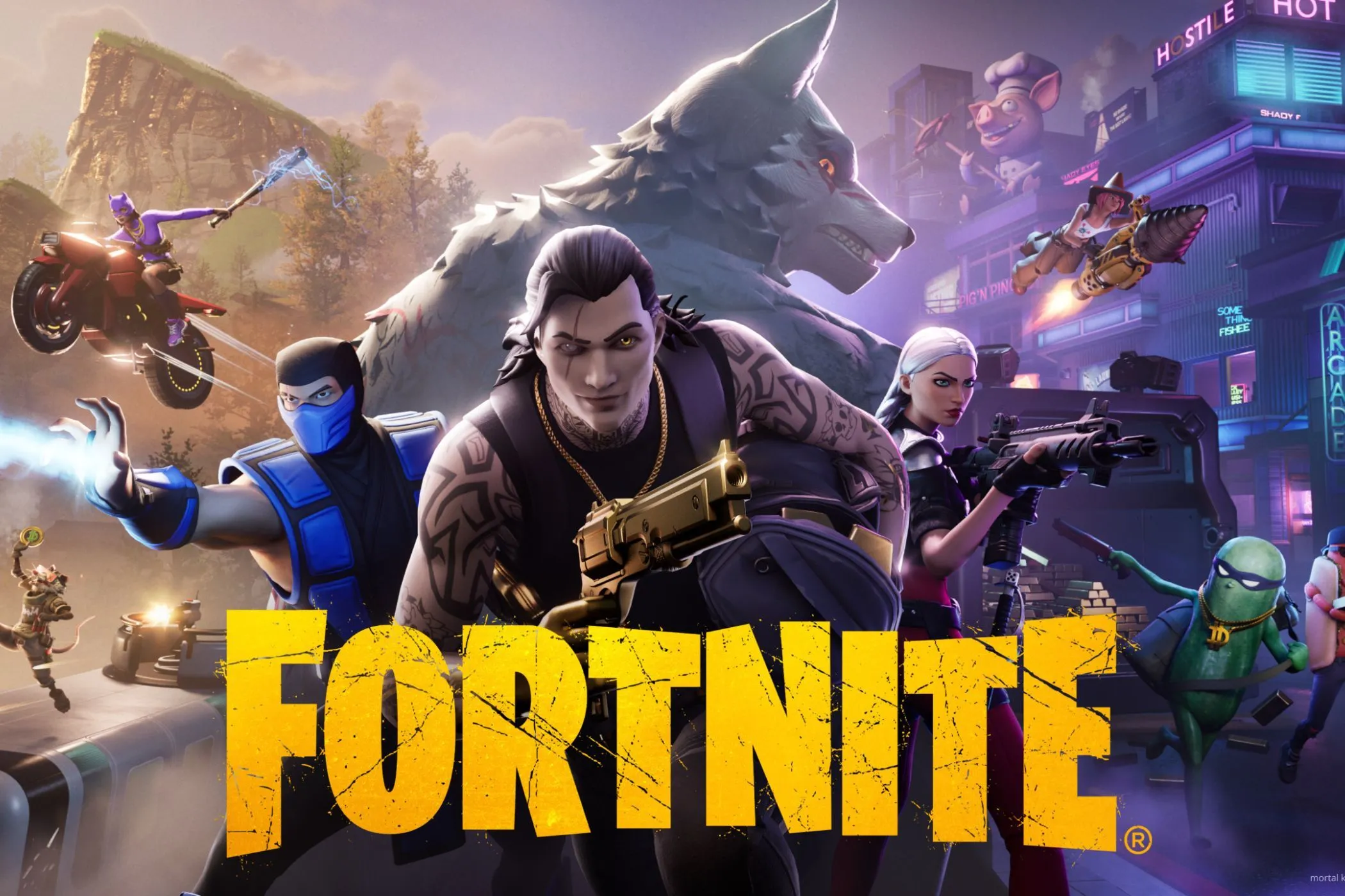 Hình ảnh quảng bá game Fortnite với binh lính và sói