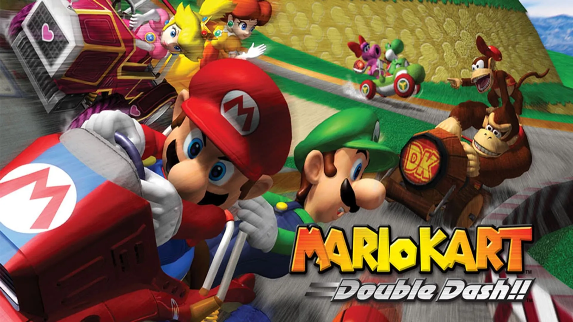 Hình ảnh quảng bá game Mario Kart Double Dash, với Mario và Luigi cùng lái một xe kart, thể hiện tính năng hai nhân vật độc đáo.