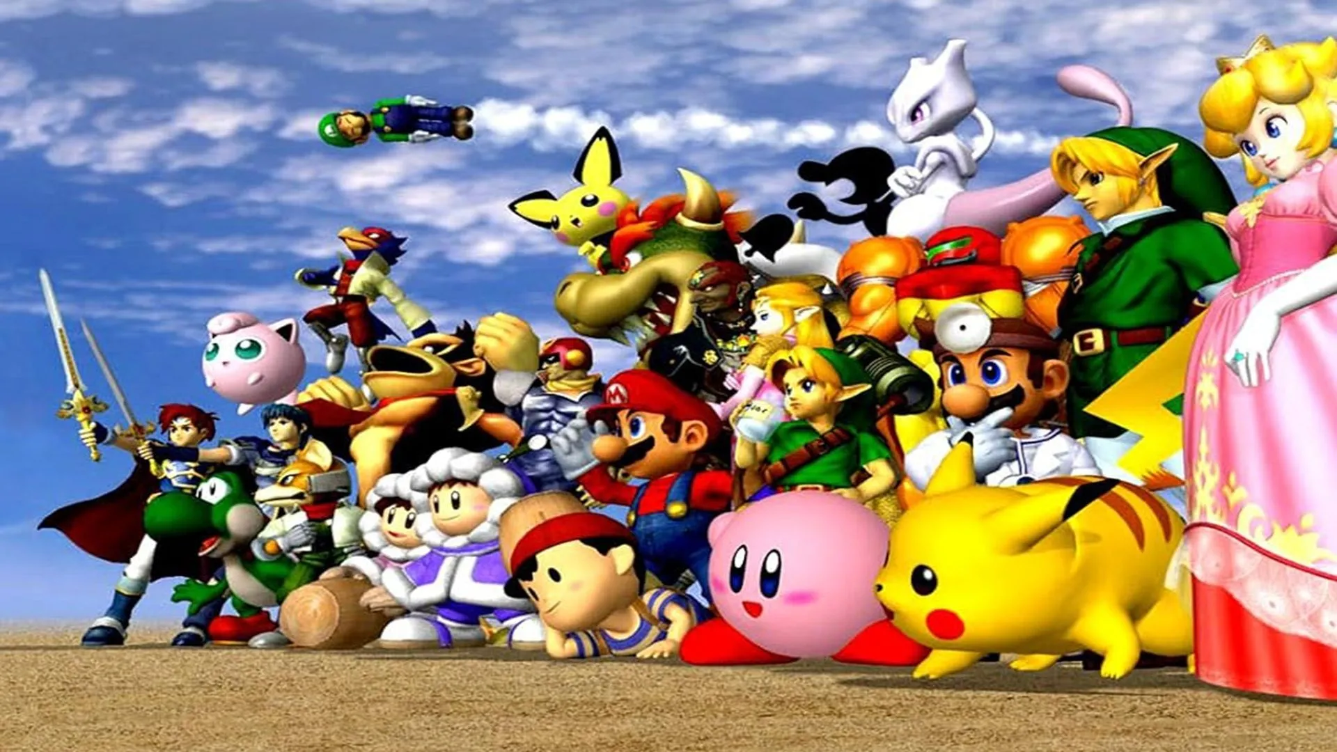 Hình ảnh quảng cáo các nhân vật nổi bật trong game Super Smash Bros Melee, chuẩn bị cho trận đấu đối kháng kịch tính.