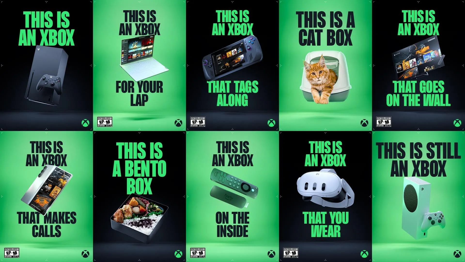 Hình ảnh quảng cáo chiến dịch "This is an Xbox" cho thấy Game Pass chạy trên nhiều thiết bị như laptop, điện thoại, tablet, và TV.