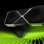 Hình ảnh render card đồ họa NVIDIA GeForce RTX 5080 với nền xanh lá cây