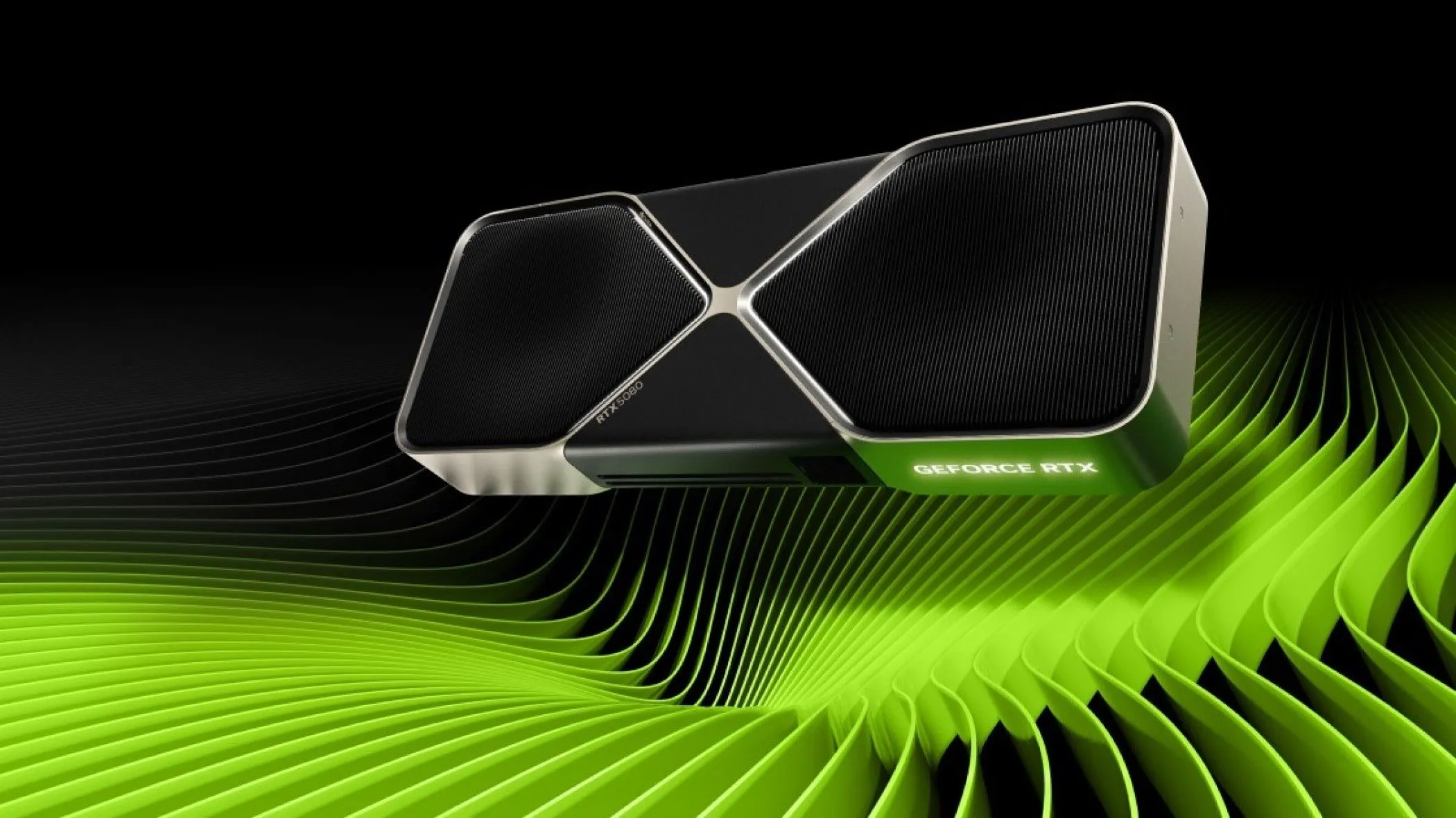 Hình ảnh render card đồ họa NVIDIA GeForce RTX 5080 với nền xanh lá cây