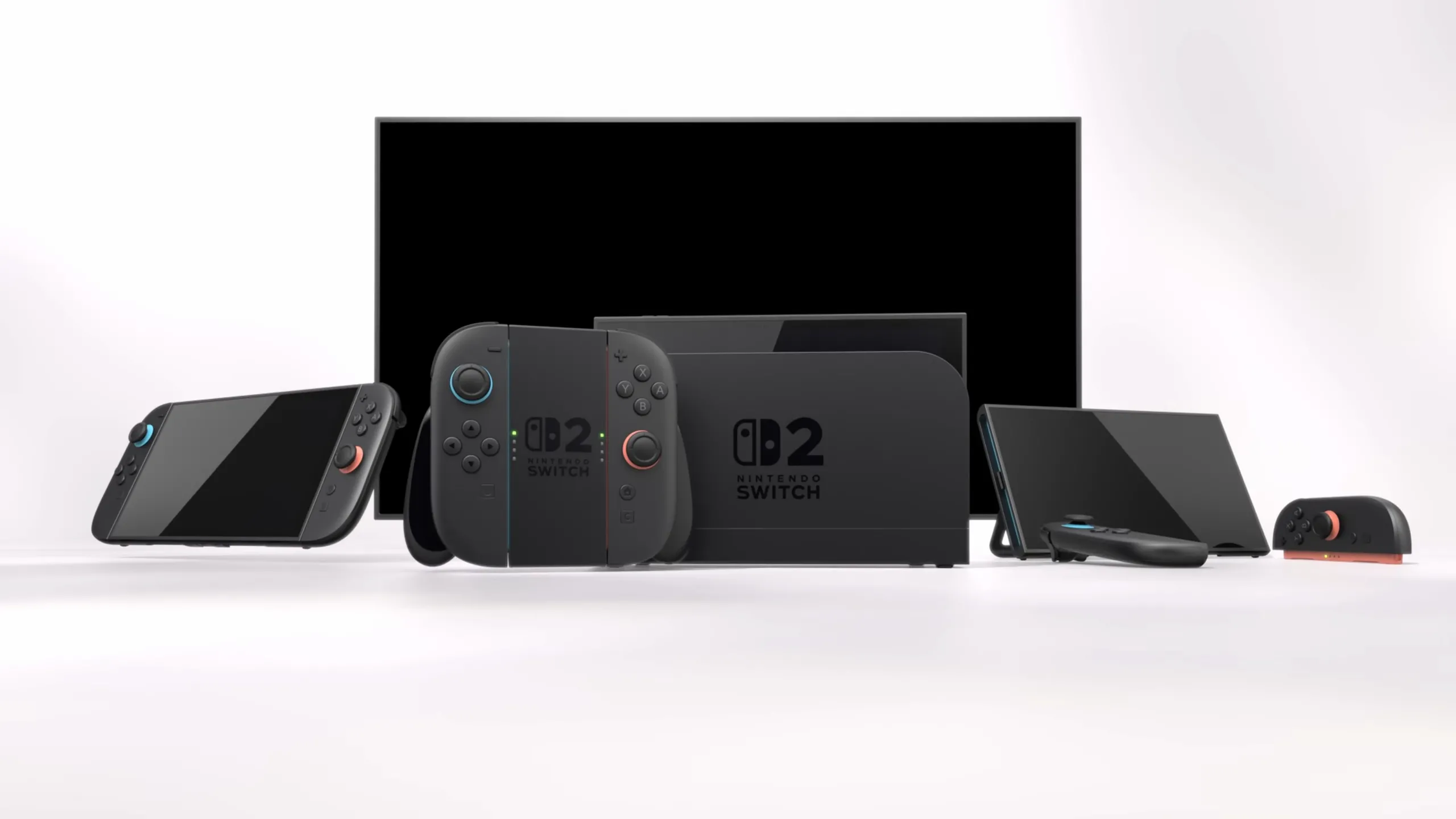 Hình ảnh render chính thức của máy chơi game Nintendo Switch 2 với màn hình sáng và cặp tay cầm Joy-Con màu đỏ xanh đặc trưng, minh họa thiết kế tổng thể.