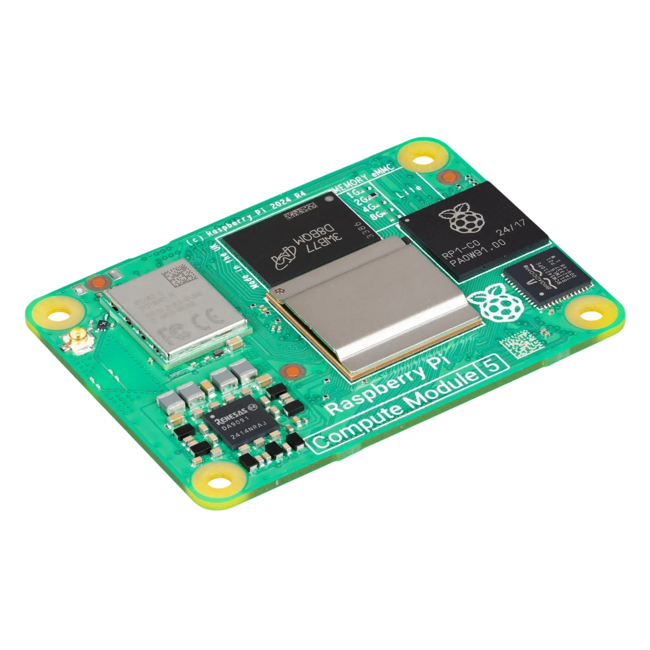 Hình ảnh render trong suốt của Raspberry Pi Compute Module 5, bo mạch chủ nhỏ gọn được sử dụng để tạo màn hình giám sát thông số PC tùy chỉnh.