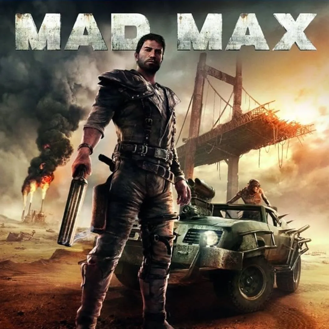 Hình ảnh sản phẩm game Mad Max, với Max Rockatansky đứng trước chiếc xe Interceptor của mình trong một bối cảnh hoang mạc hậu tận thế.