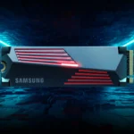 Hình ảnh thực tế SSD Samsung 990 Pro tản nhiệt trên bo mạch chủ, thể hiện tốc độ ấn tượng.