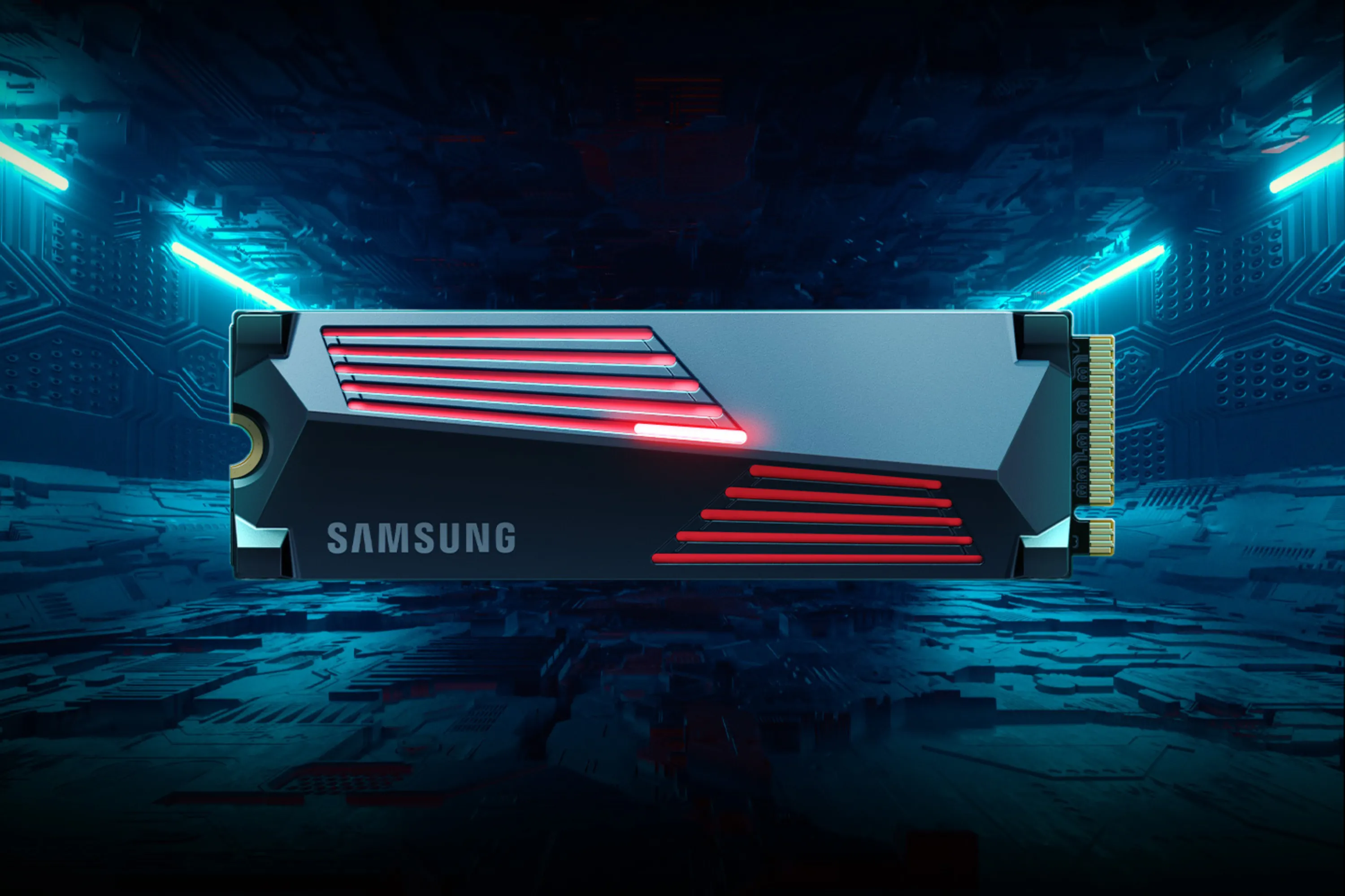 Hình ảnh thực tế SSD Samsung 990 Pro tản nhiệt trên bo mạch chủ, thể hiện tốc độ ấn tượng.
