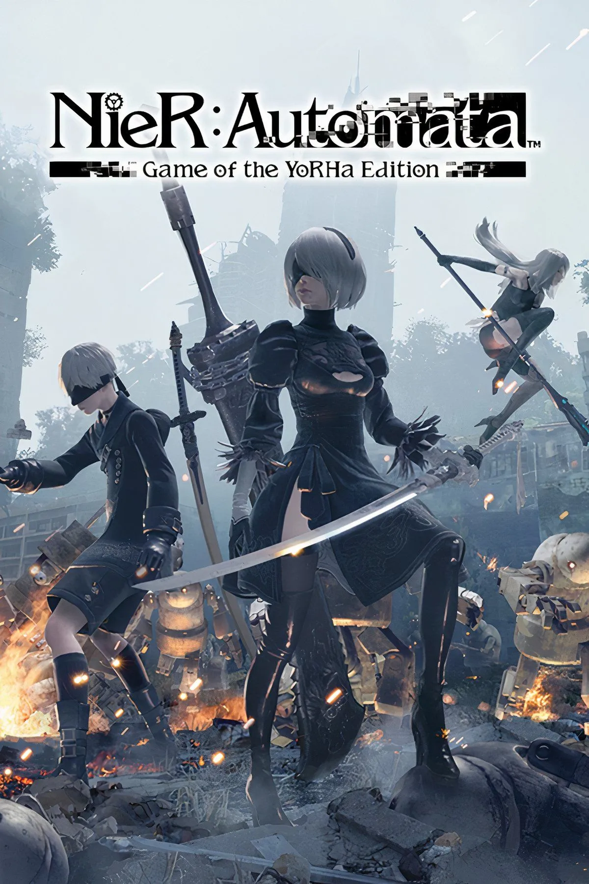 Hình ảnh tổng hợp các cảnh quan và nhân vật chính từ game Nier: Automata, với phong cách thiết kế độc đáo.