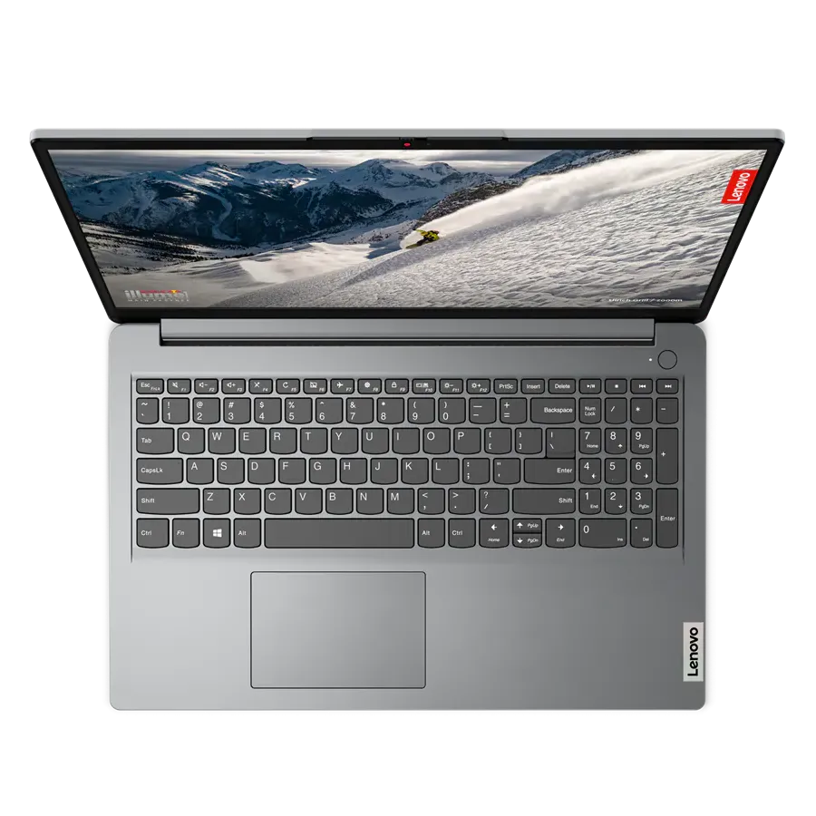 Hình ảnh tổng thể laptop Lenovo IdeaPad 1 màu Storm Grey với màn hình mở 100 độ