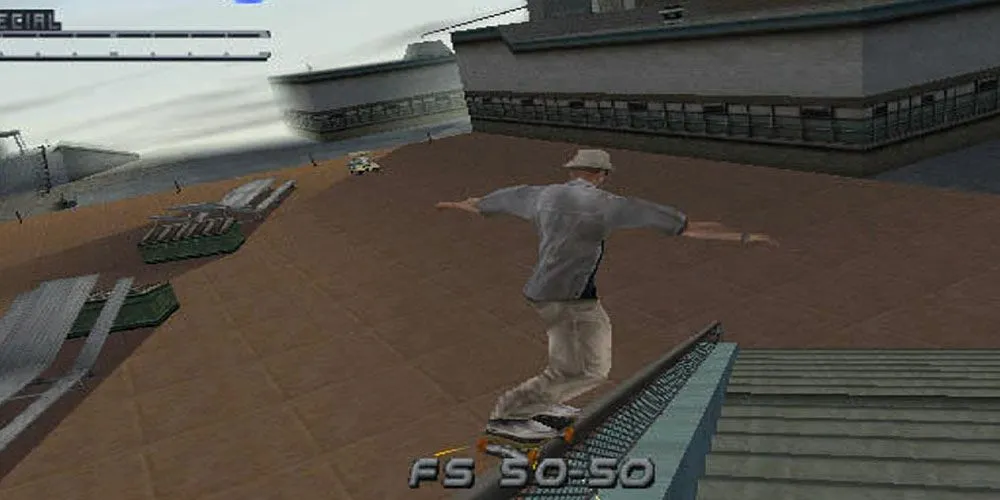 Hình ảnh Tony Hawk thực hiện kỹ thuật trượt trên lan can trong game Tony Hawk's Pro Skater 2
