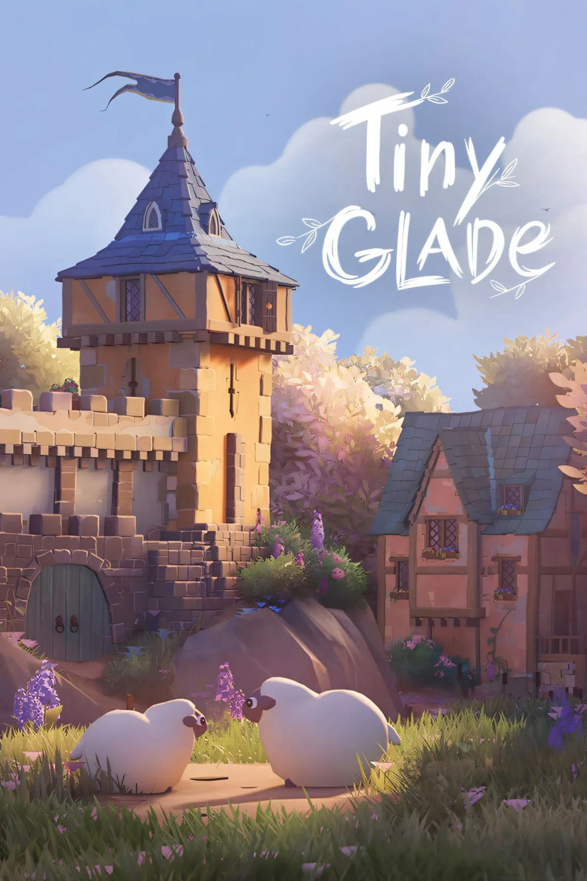 Hình ảnh tựa game Tiny Glade với lâu đài nhỏ và cây xanh tạo không gian ấm cúng.