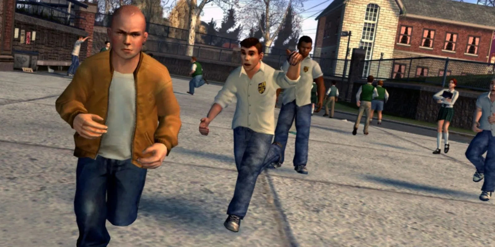 Học sinh chạy trên sân trường trong game Bully, một tựa game thế giới mở nổi tiếng của Rockstar.