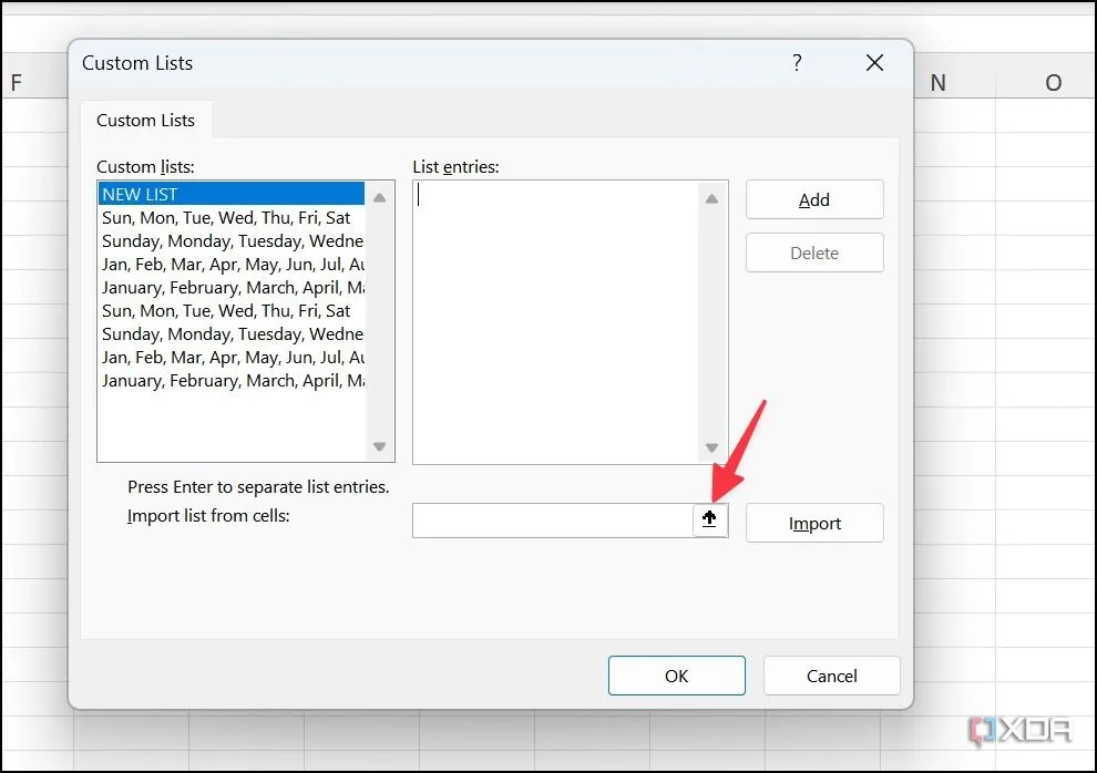 Hộp thoại Custom Lists với tùy chọn nhập danh sách từ các ô trong Excel