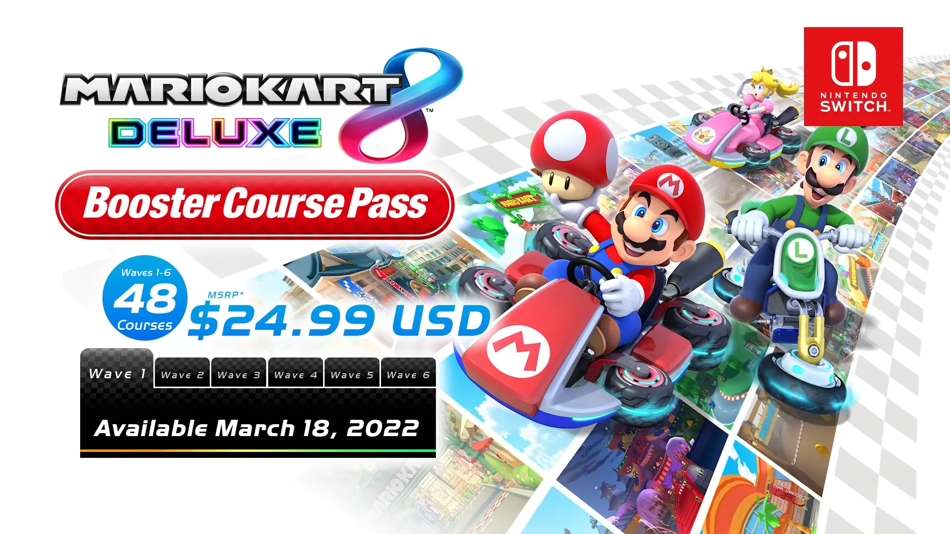 Infographic chi tiết nội dung gói mở rộng Booster Course Pass cho Mario Kart 8 Deluxe trên Nintendo Switch, minh họa số lượng đường đua và nhân vật được thêm vào qua các đợt DLC.