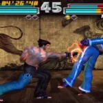 Jin và Hwoarang đối đầu trong trận đấu kịch tính của Tekken Tag Tournament trên PlayStation 2