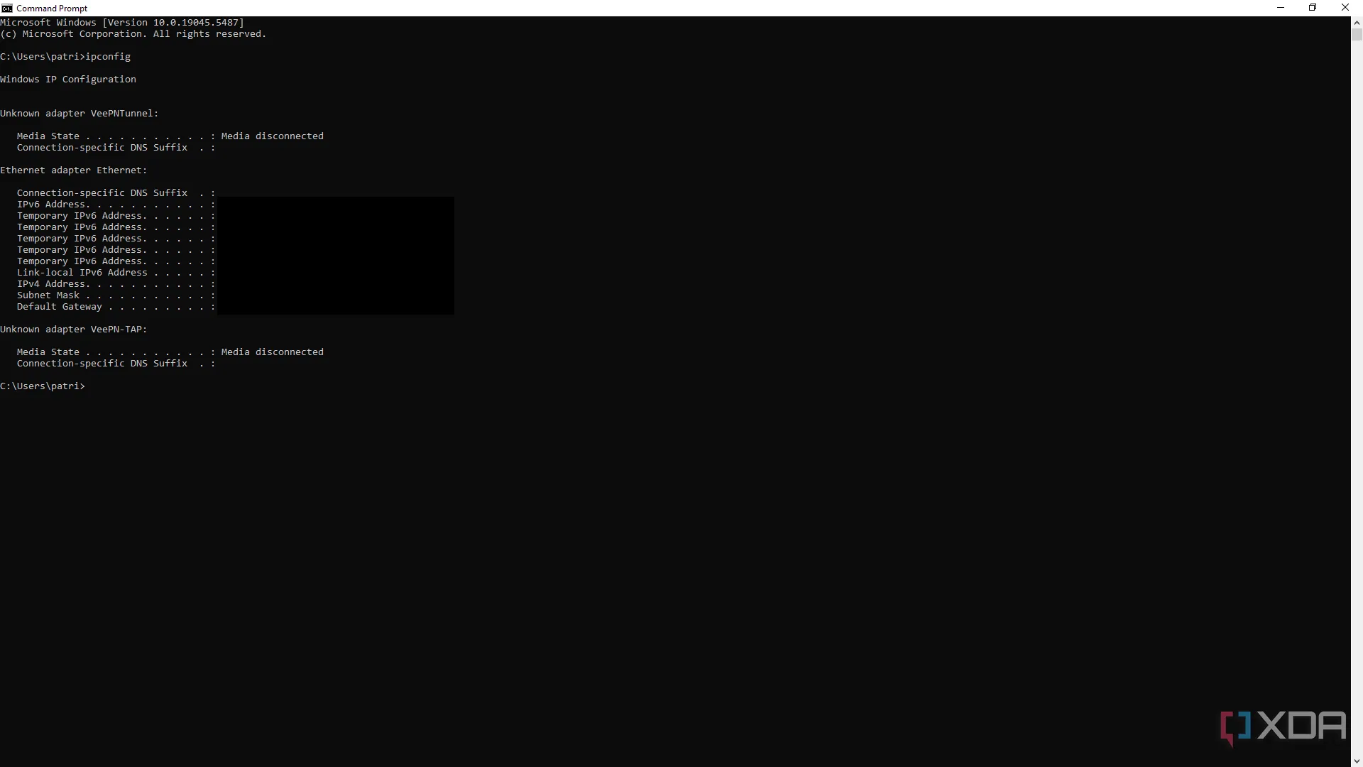 Kết quả của lệnh ipconfig hiển thị thông tin cấu hình IP trên Command Prompt