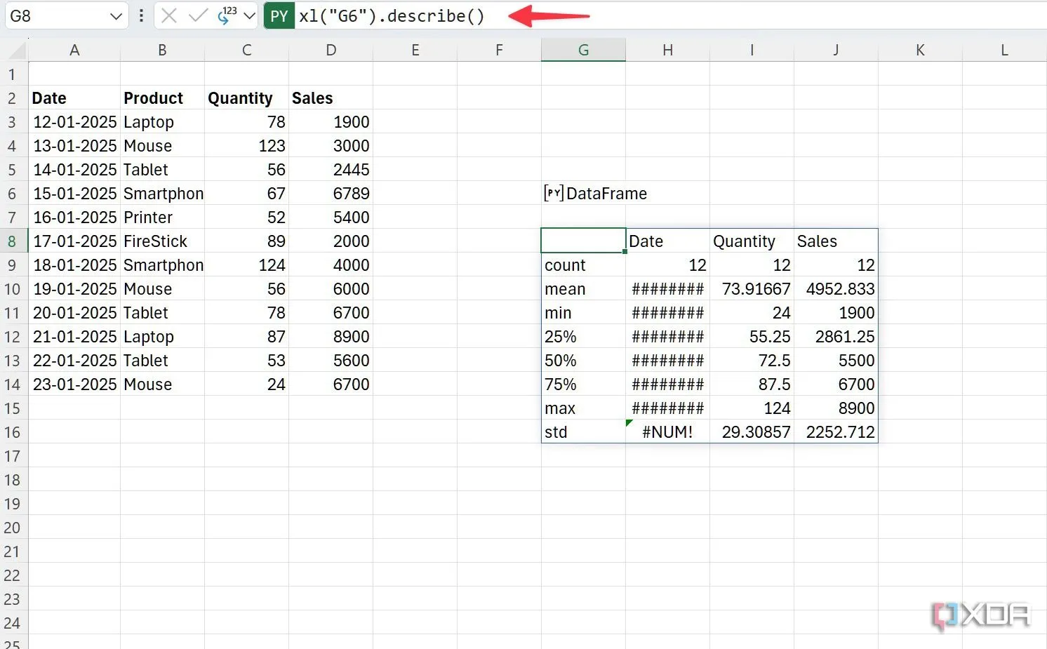 Kết quả hàm `describe()` của Pandas khi áp dụng cho toàn bộ dữ liệu Excel thông qua Python, hiển thị thống kê mô tả.
