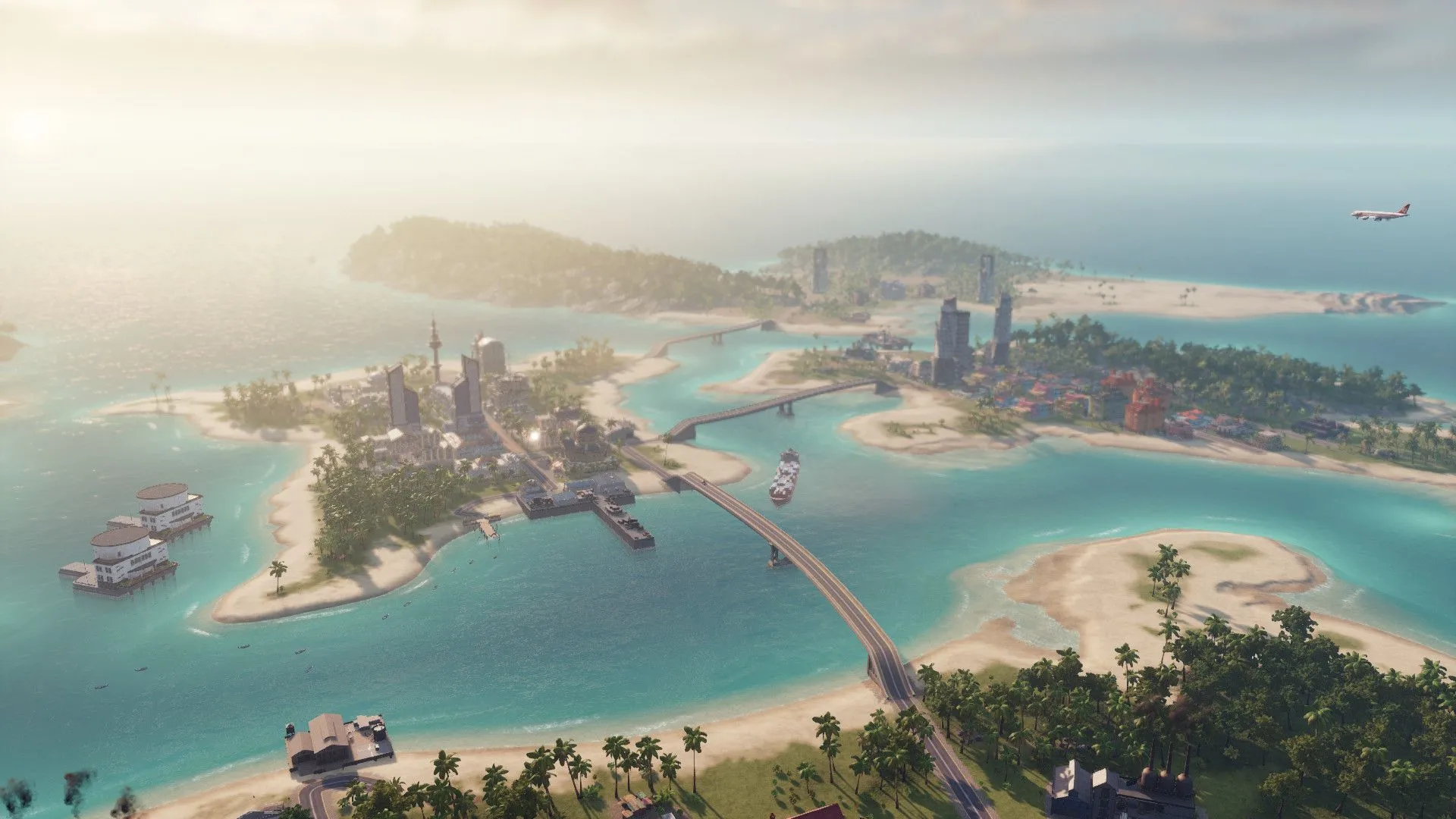 Khu vực cảng và công trình giao thương trong game quản lý Tropico 6.