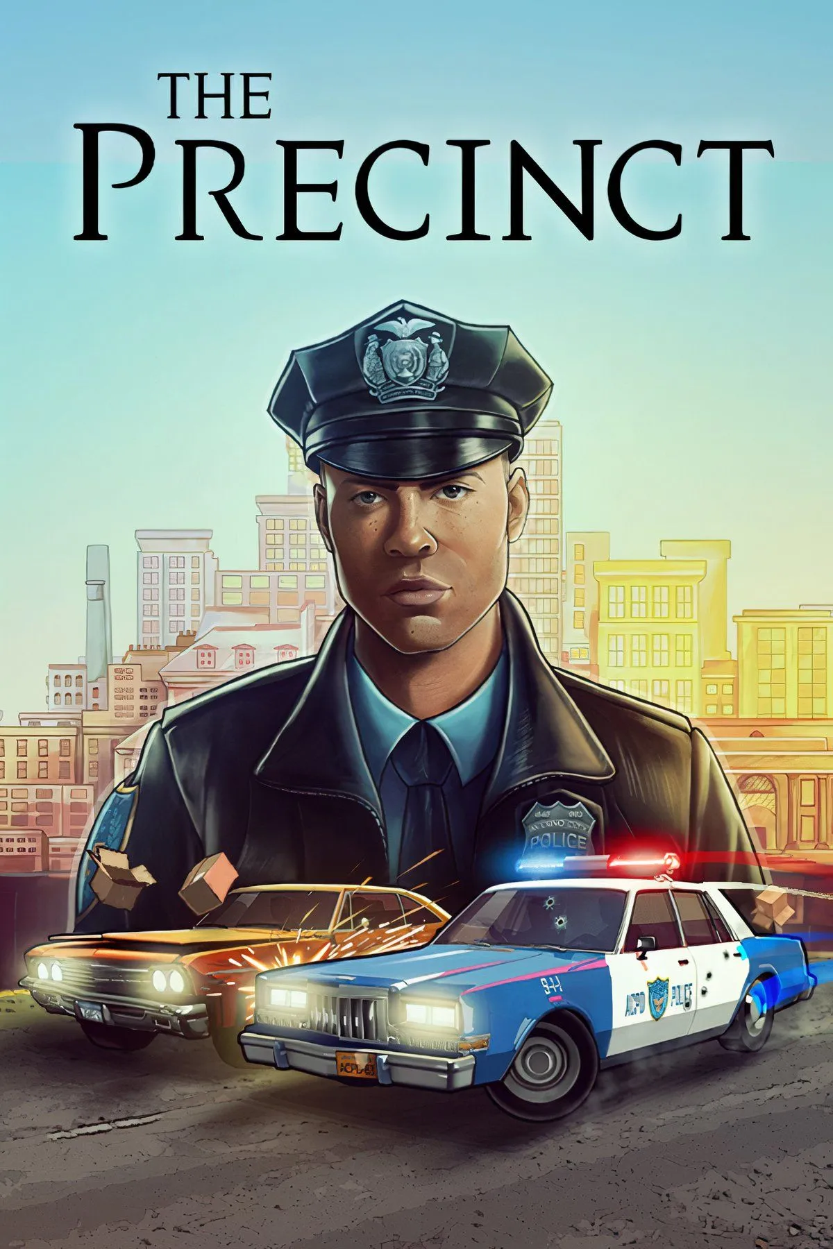 Khung cảnh rượt đuổi bằng xe cảnh sát trong The Precinct, thể hiện phong cách game top-down và không khí phim cảnh sát những năm 80.