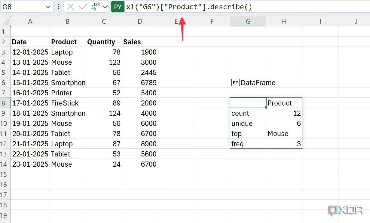 Kiểm tra chi tiết sản phẩm bằng hàm `describe()` trên cột 'Product' trong Excel với Python.