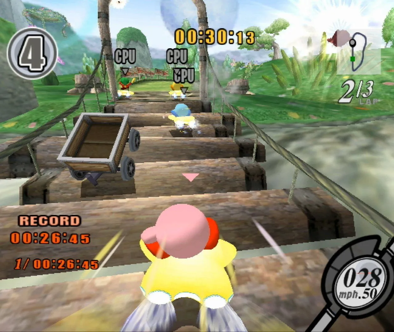Kirby đang bay trên ngôi sao trên đường đua đầy màu sắc trong game Kirby Air Ride