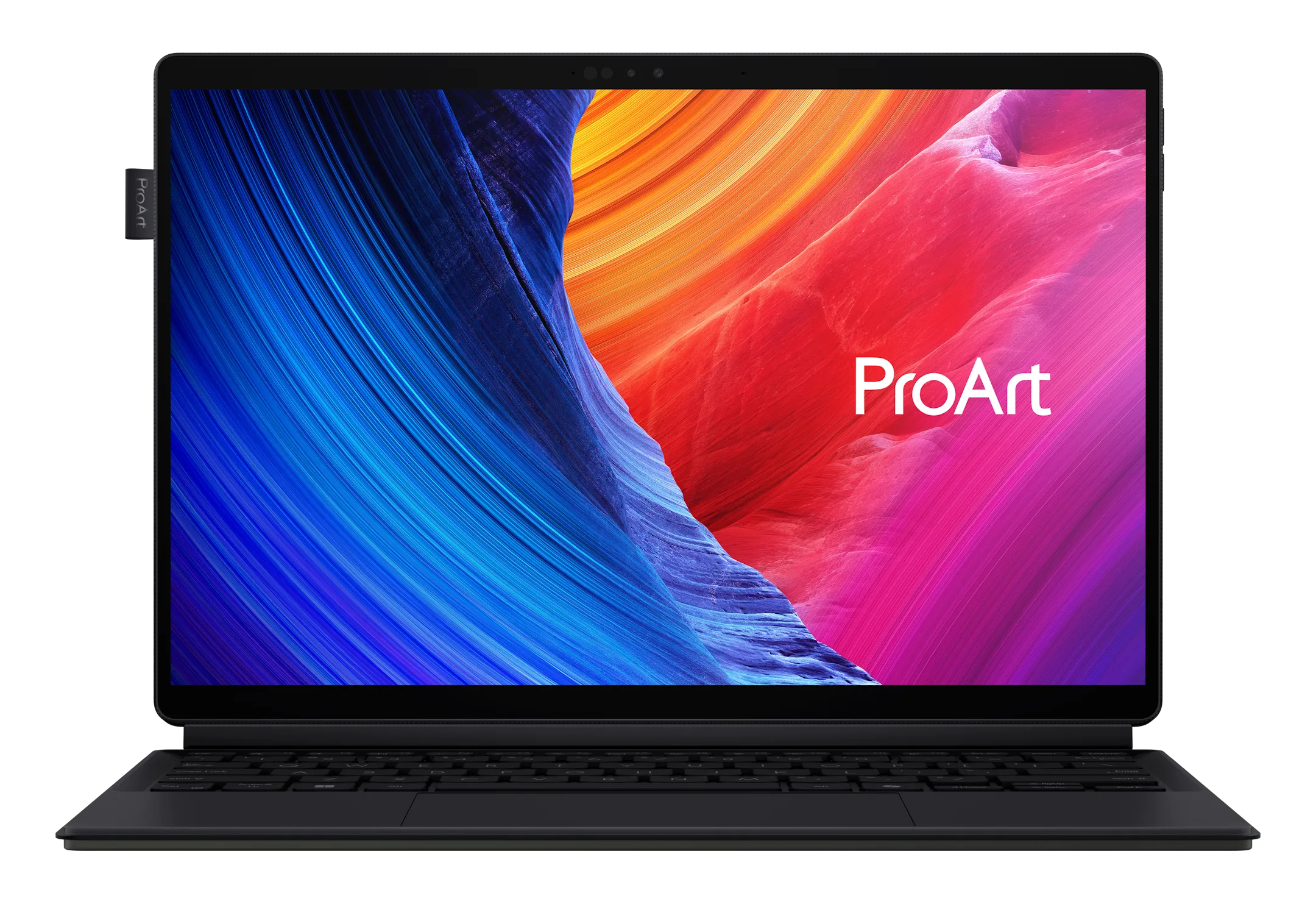 Laptop Asus ProArt PZ13 màu đen với màn hình OLED 3K hiển thị sắc nét, đi kèm bàn phím từ tính và bút stylus, thể hiện tính linh hoạt của thiết bị