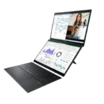 Laptop Asus Zenbook Duo hiển thị màn hình kép với bàn phím không dây