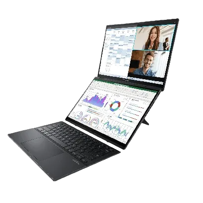 Laptop Asus Zenbook Duo hiển thị màn hình kép với bàn phím không dây