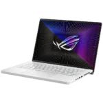 Laptop gaming ASUS ROG Zephyrus G14 (2023) màu trắng ngả trước, hiển thị đèn bàn phím và logo ROG trên nắp máy, làm nổi bật thiết kế di động cao cấp.