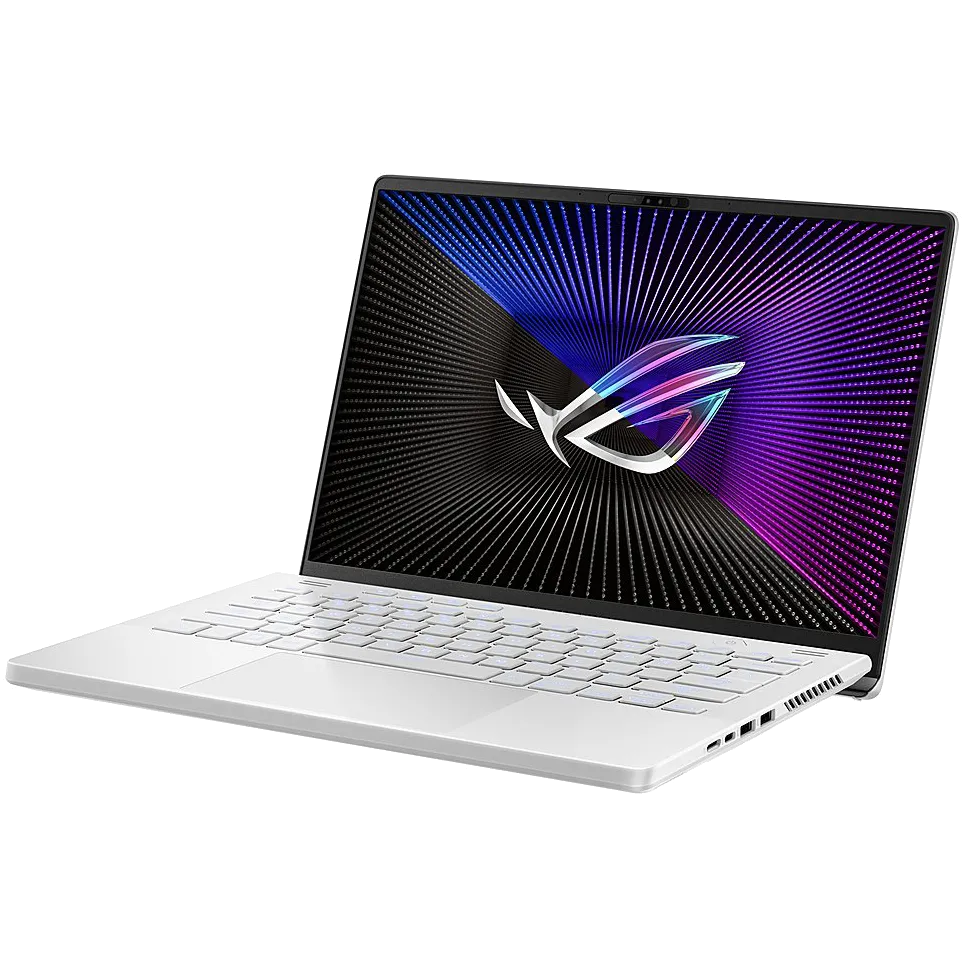 Laptop gaming ASUS ROG Zephyrus G14 (2023) màu trắng ngả trước, hiển thị đèn bàn phím và logo ROG trên nắp máy, làm nổi bật thiết kế di động cao cấp.