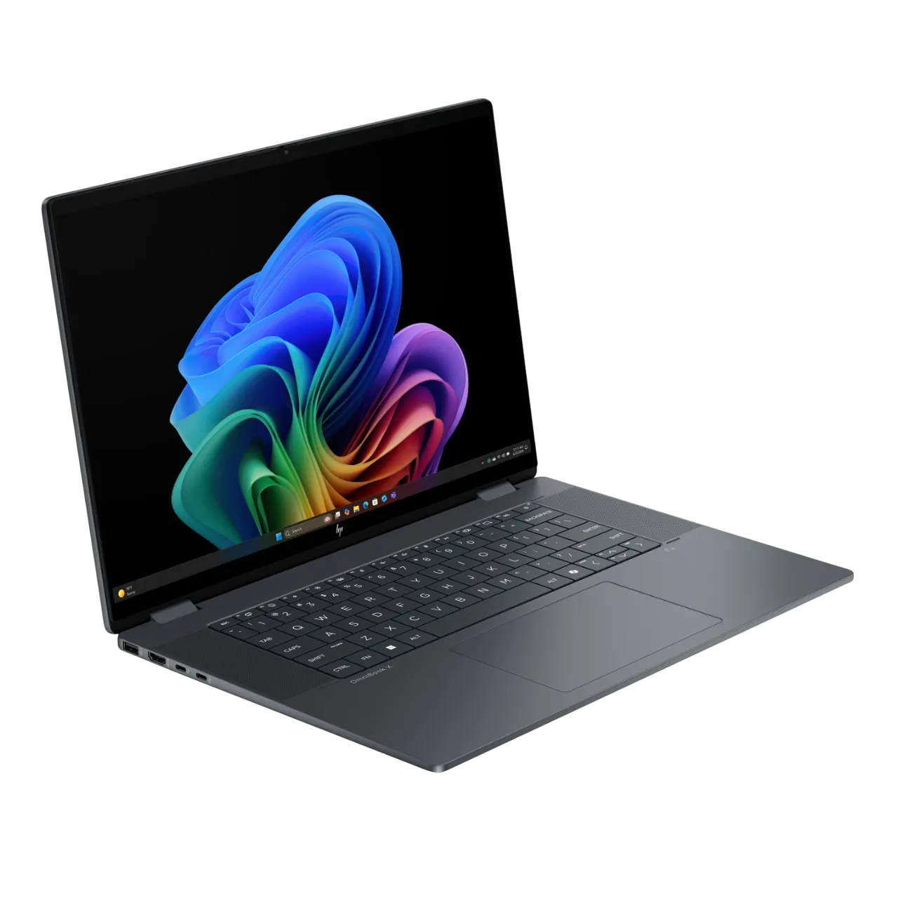 Laptop HP OmniBook X Flip ở chế độ lều, thể hiện tính linh hoạt của màn hình xoay