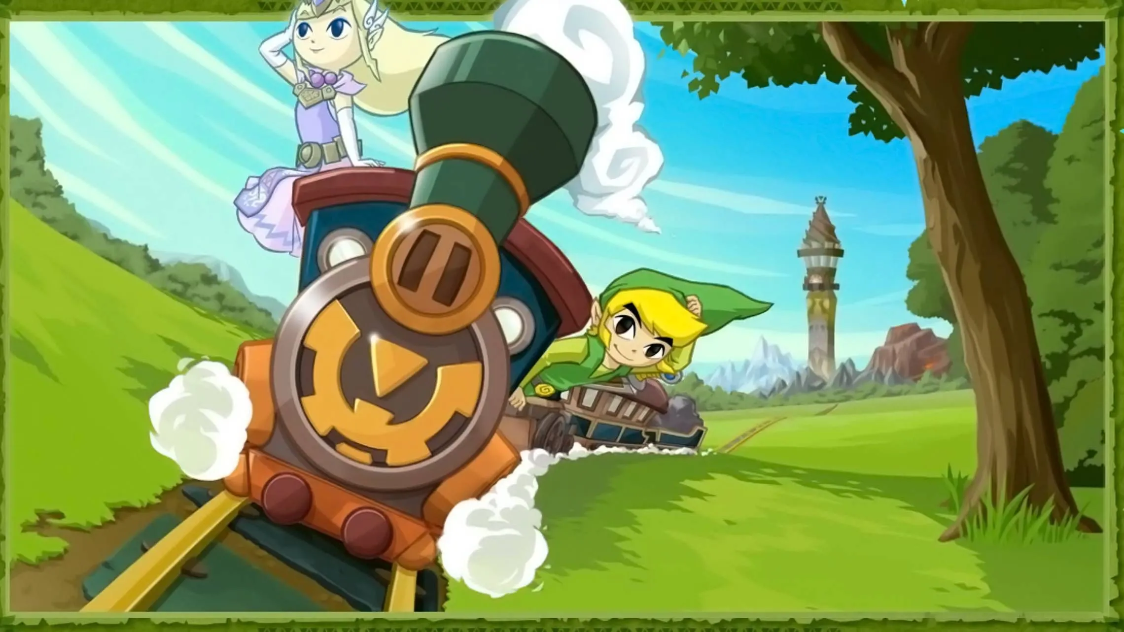 Link và Công chúa Zelda cùng nhau lái tàu hỏa trong The Legend of Zelda Spirit Tracks