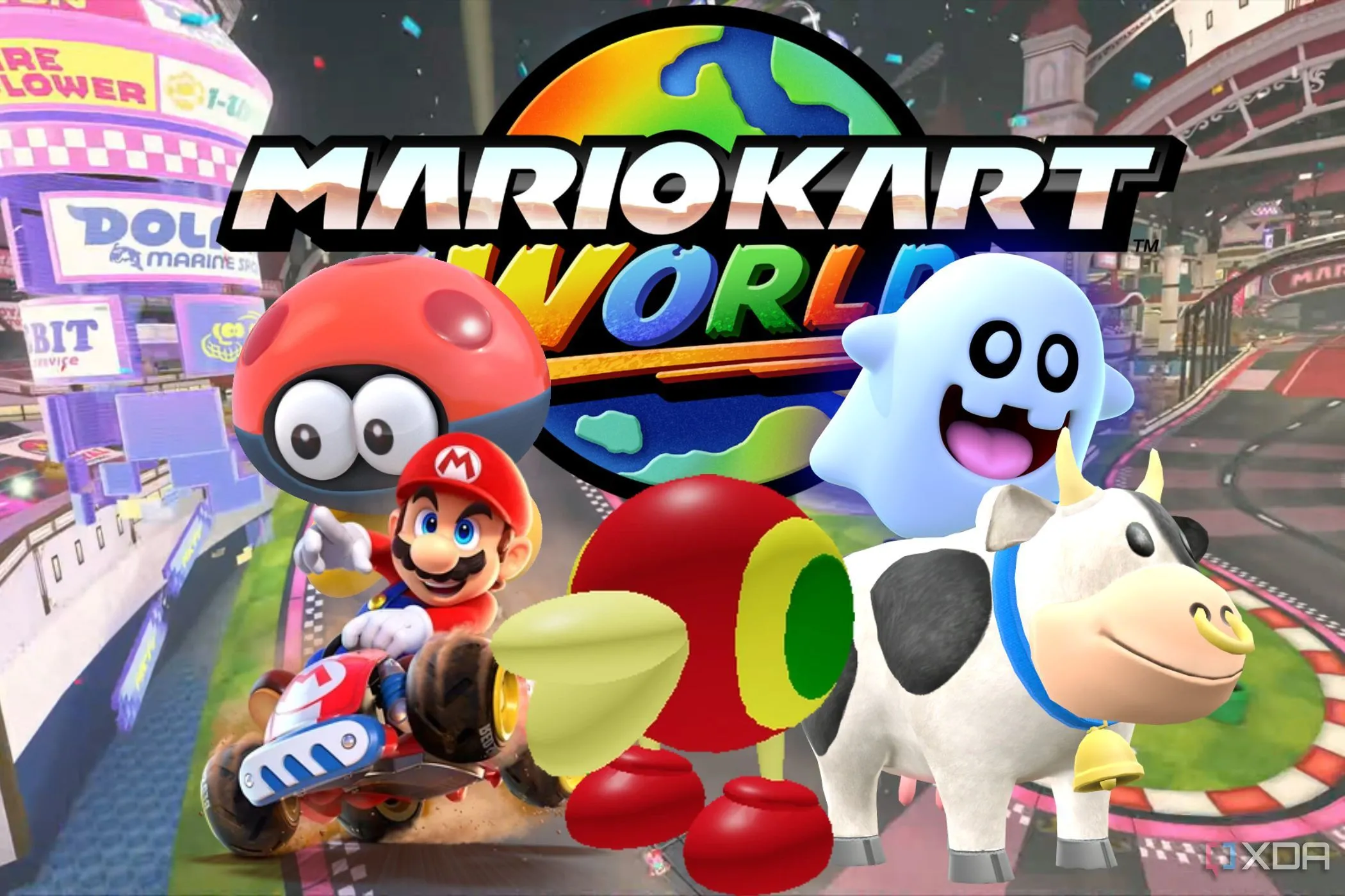 Logo của game Mario Kart World trên nền các nhân vật được dự đoán sẽ xuất hiện, nhấn mạnh sự đa dạng và tiềm năng mở rộng nhân vật trong game.