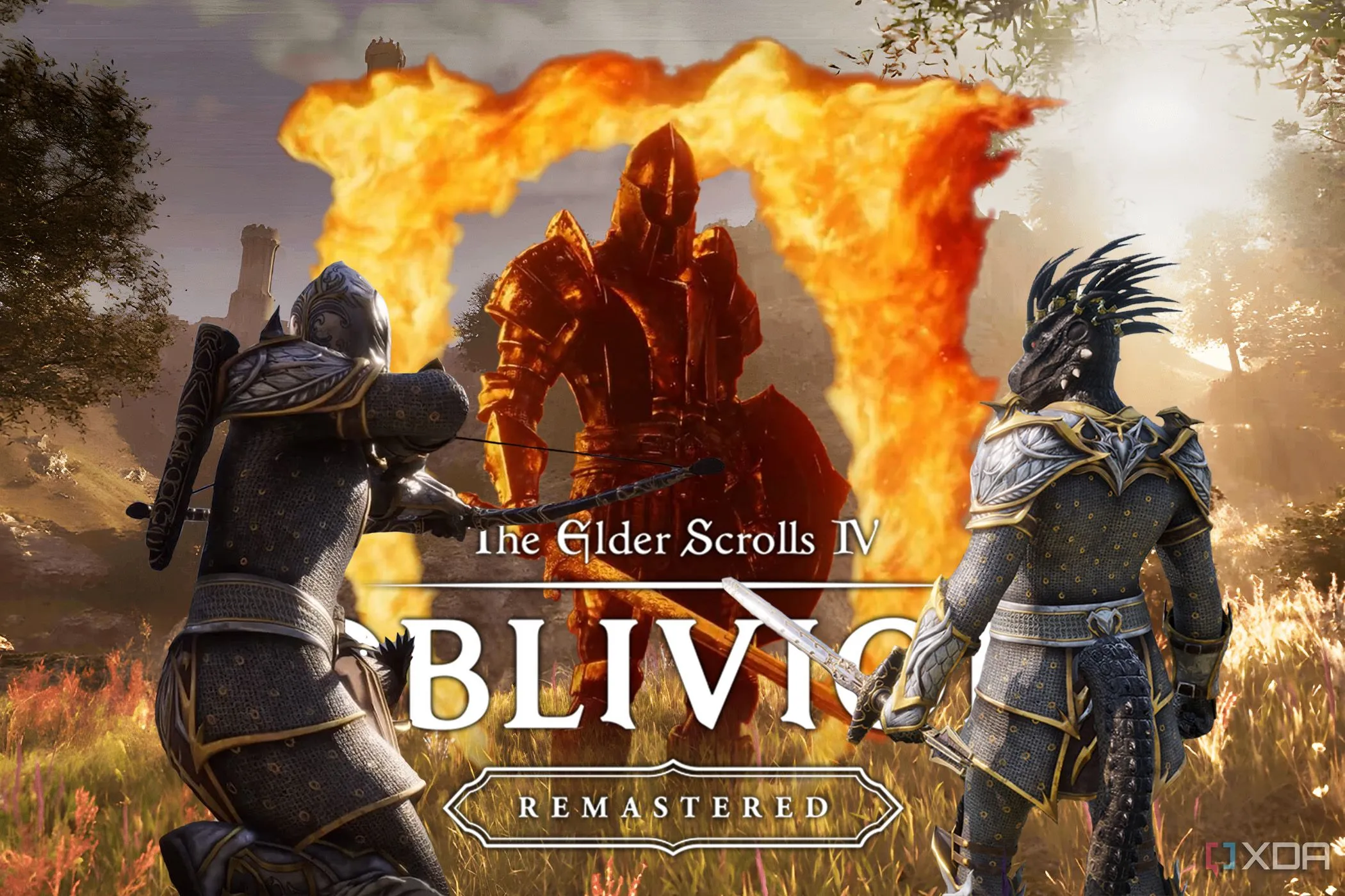 Logo Oblivion Remastered với các nhân vật đặc trưng phía trước, thể hiện trải nghiệm game nhập vai