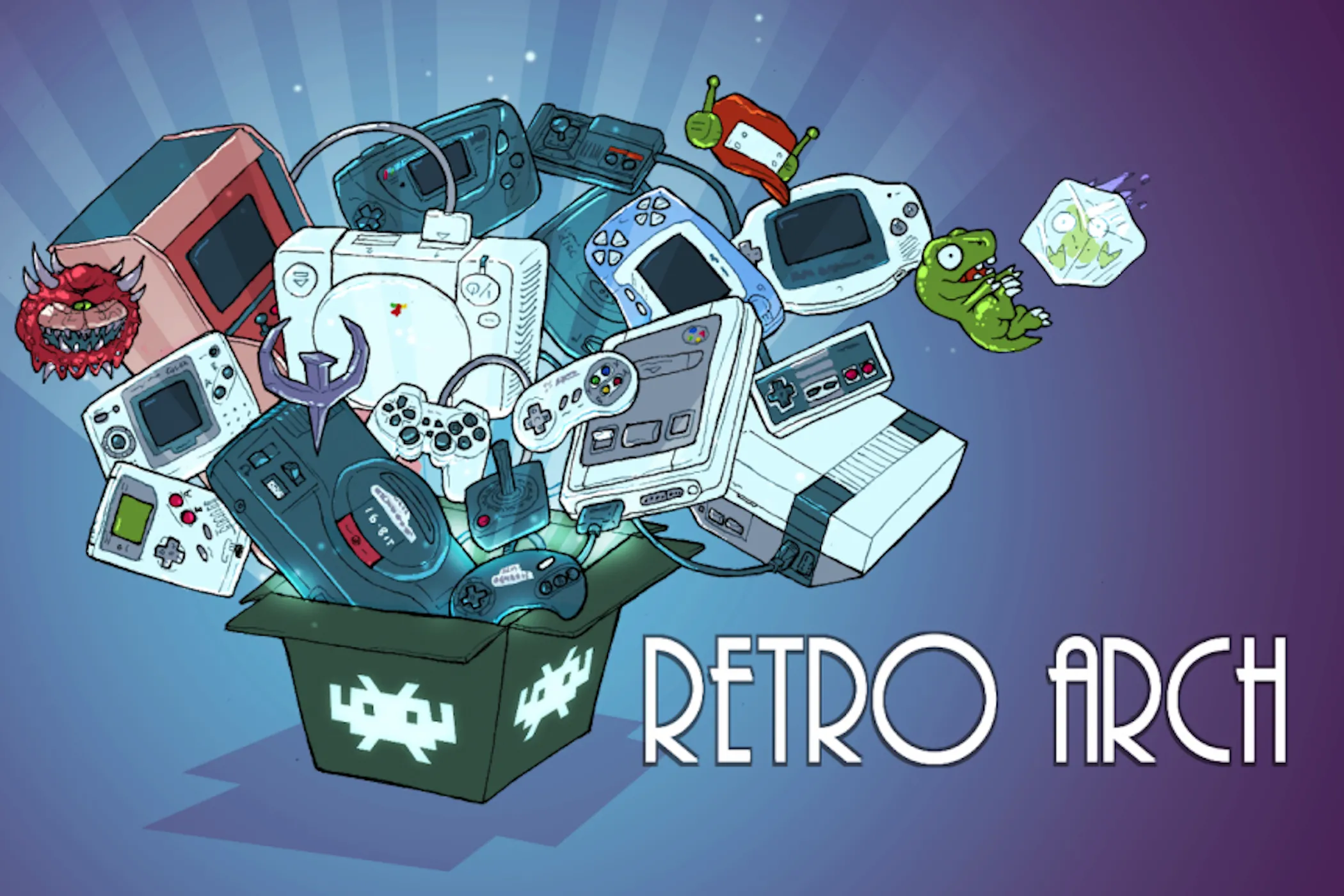 Logo và giao diện của RetroArch, phần mềm giả lập đa năng được LaunchBox tích hợp hiệu quả.