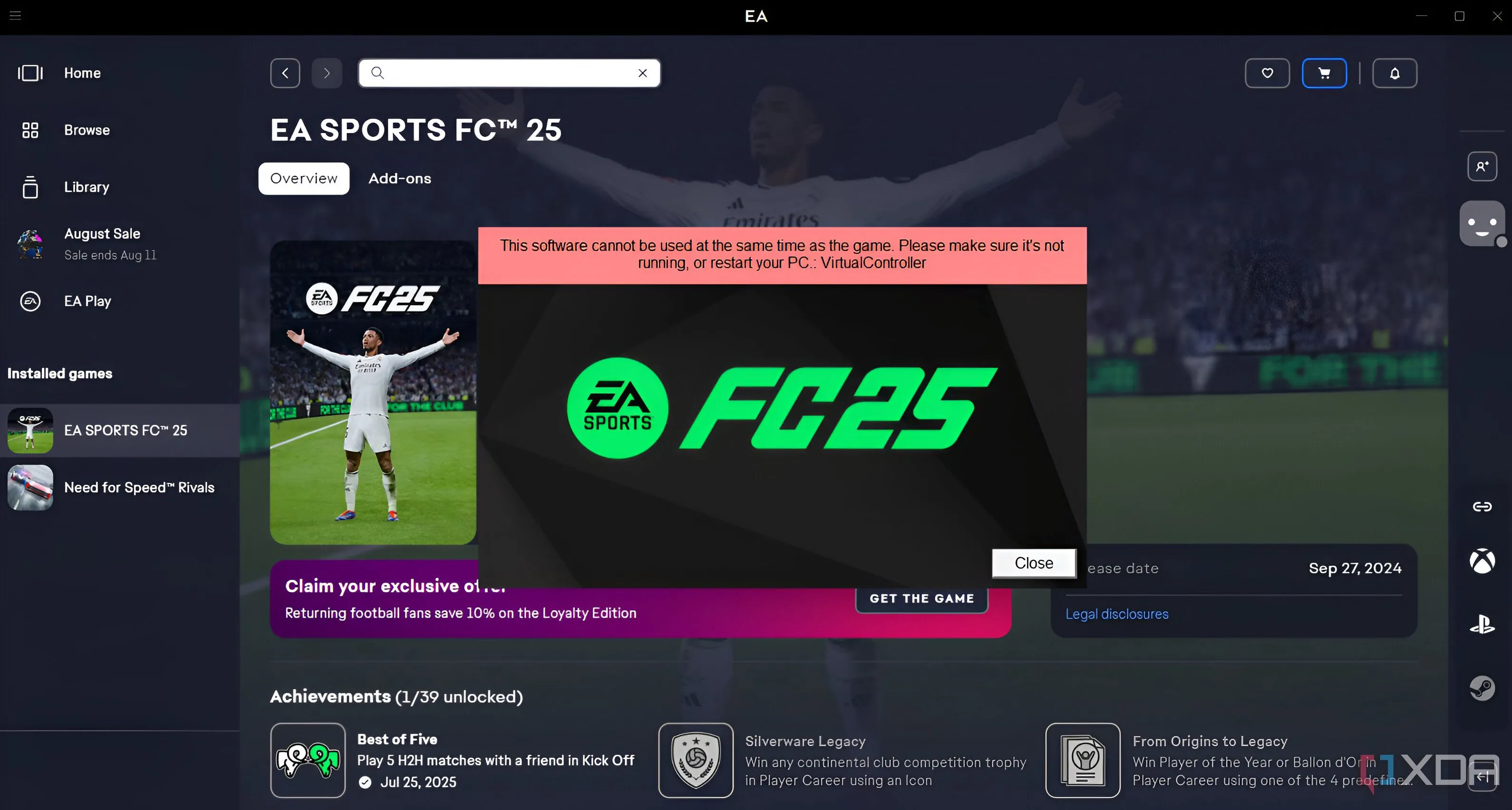 Lỗi khởi động EA Sports FC 25 liên quan đến việc sử dụng bộ điều khiển ảo trên PC, hiển thị thông báo lỗi.