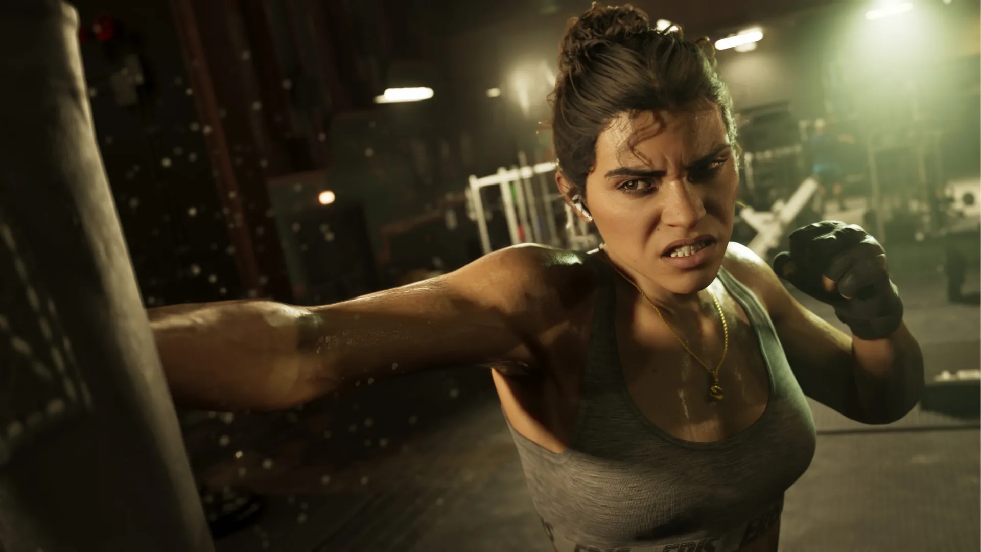 Lucia tập đấm bốc trong phòng gym, thể hiện cơ chế tập luyện trong GTA VI