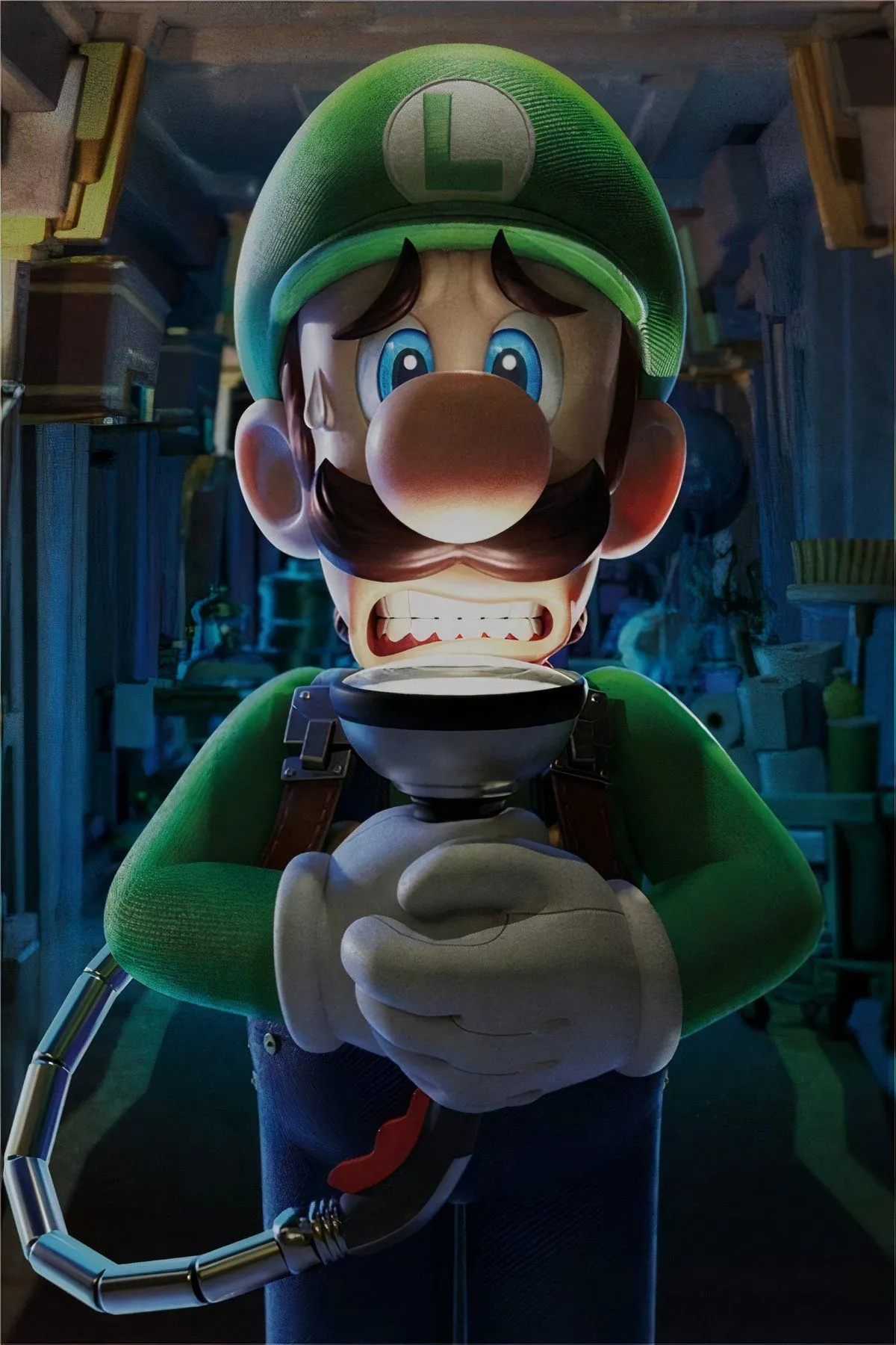 Luigi đang sử dụng máy hút Poltergust để bắt ma trong game Luigi's Mansion 3 trên Nintendo Switch.