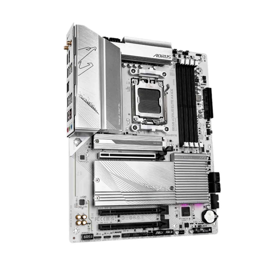 Mainboard Gigabyte B650 Aorus Elite AX ICE nổi bật với thiết kế toàn màu trắng.