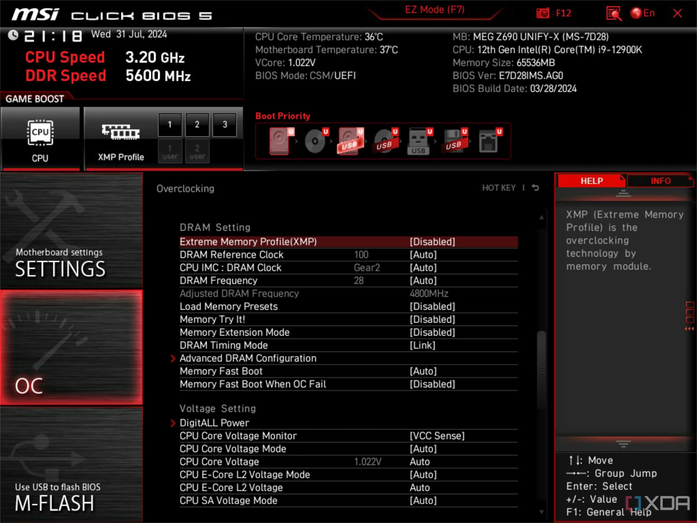 Màn hình BIOS UEFI của MSI hiển thị tùy chọn XMP đang bị tắt