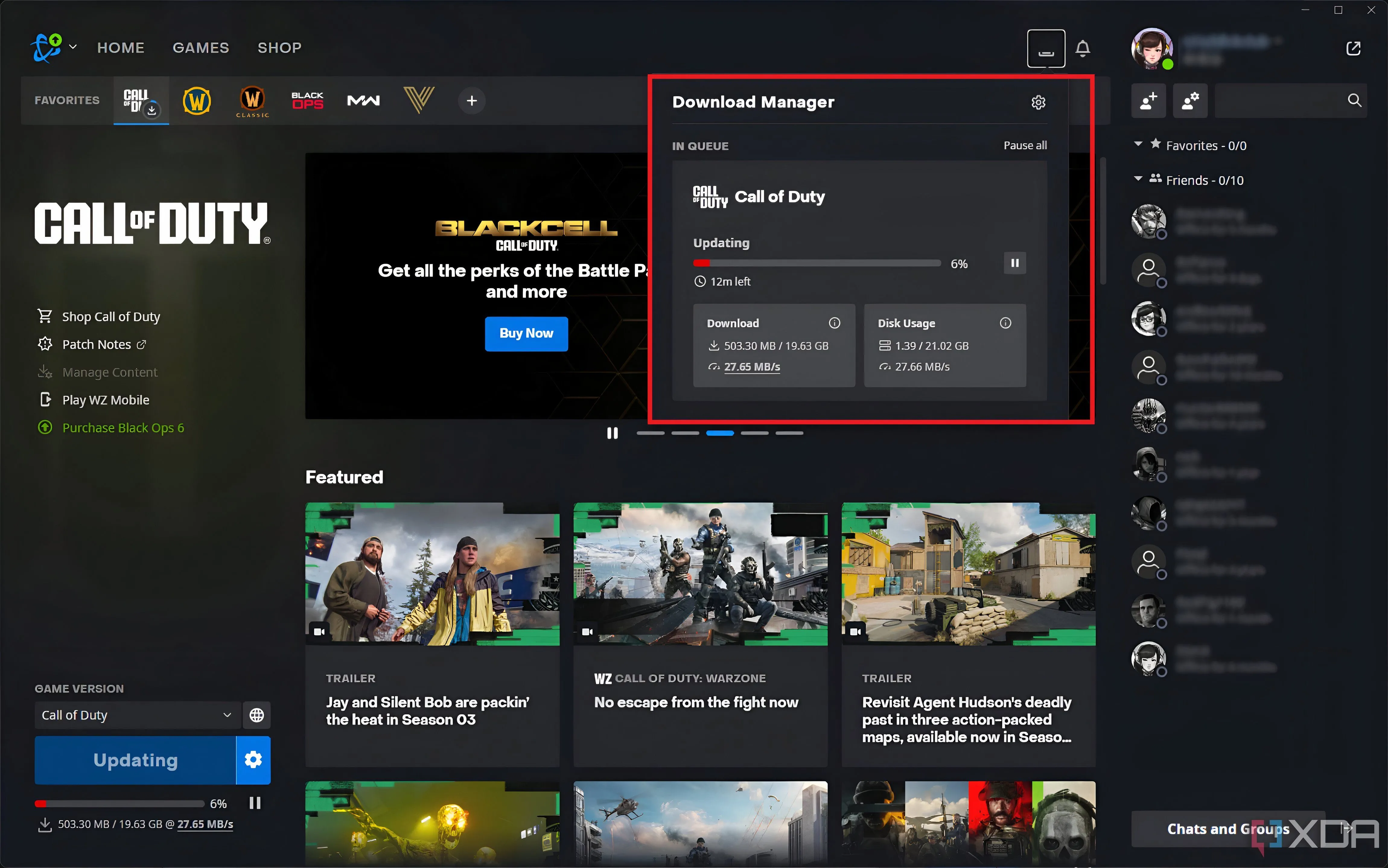 Màn hình cập nhật game Call of Duty trên Battle.net, minh họa việc các bản vá lỗi và DLC thường xuyên làm tăng kích thước trò chơi.