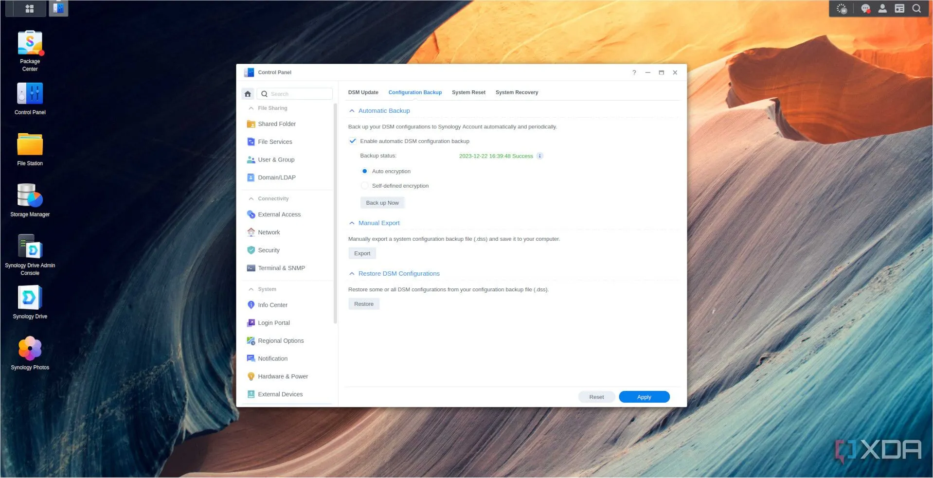 Màn hình cấu hình sao lưu DSM trên thiết bị NAS Synology