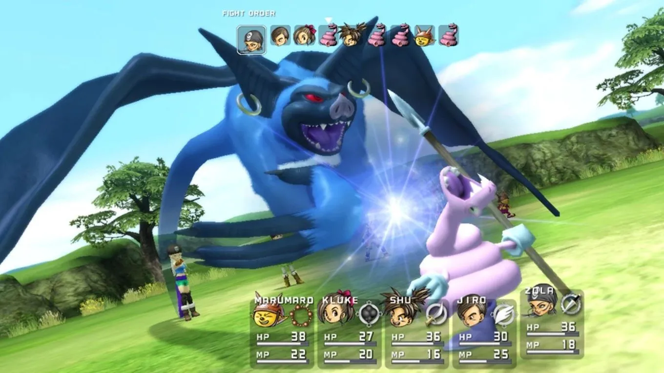 Màn hình chiến đấu trong Blue Dragon với một kẻ thù dơi khổng lồ