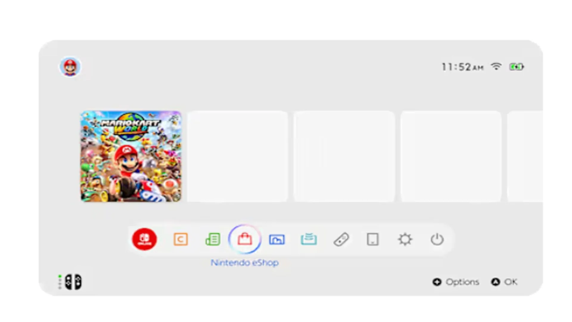 Màn hình chính của Nintendo Switch 2 với giao diện người dùng quen thuộc, gợi cảm giác không có nhiều thay đổi so với thế hệ trước.