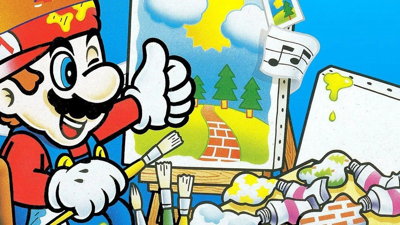 Màn hình gameplay Mario Paint với Mario và các công cụ vẽ, minh họa tính năng sáng tạo của game