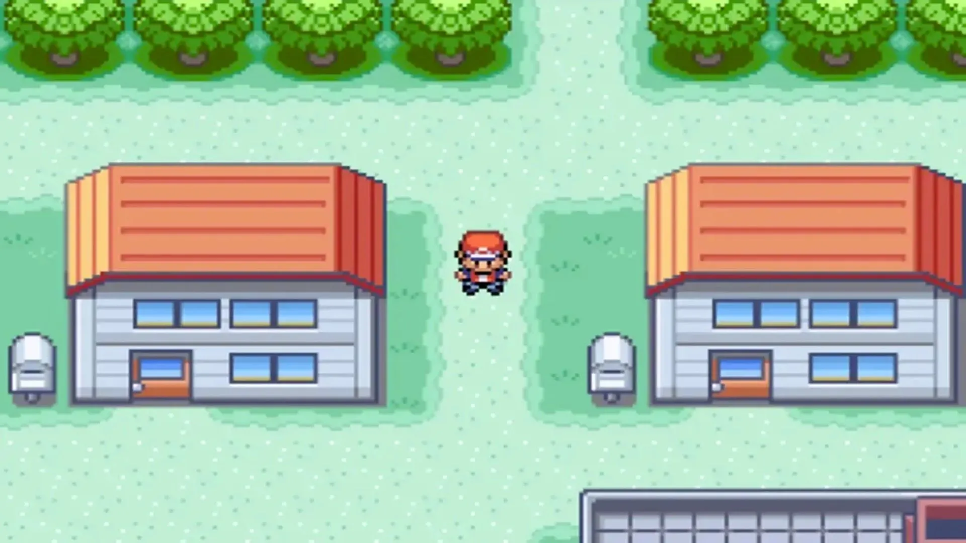 Màn hình gameplay Pokémon FireRed trên GBA, thể hiện nhân vật đang khám phá thị trấn