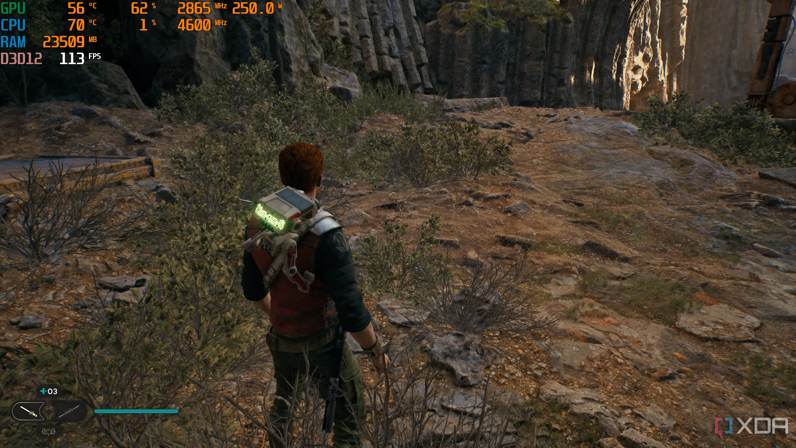 Màn hình giám sát hiệu suất chơi game Jedi Survivor với MSI Afterburner hiển thị GPU usage thấp