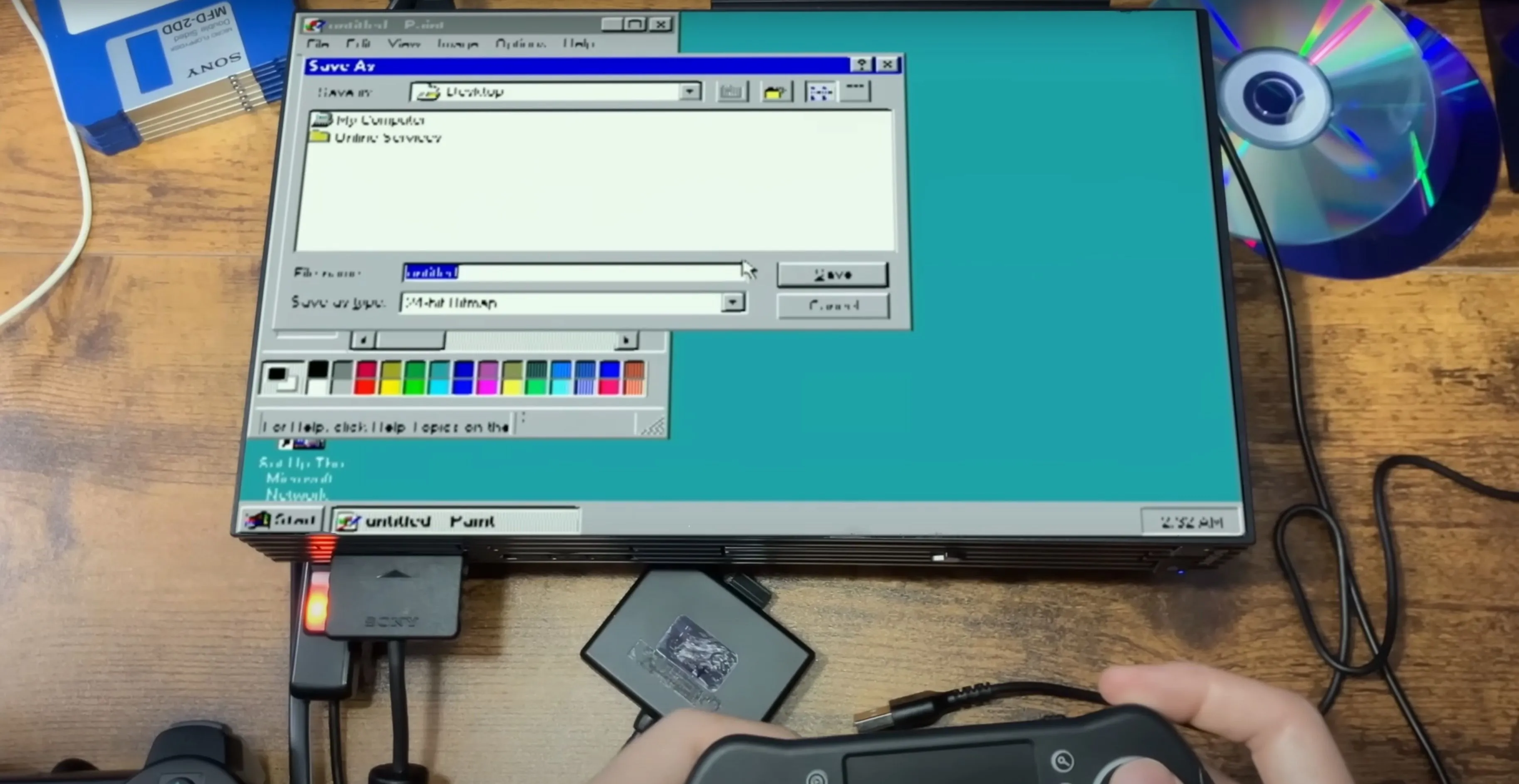 Màn hình giao diện Windows 95 hiển thị trên máy PlayStation 2 thông qua giả lập Bochs